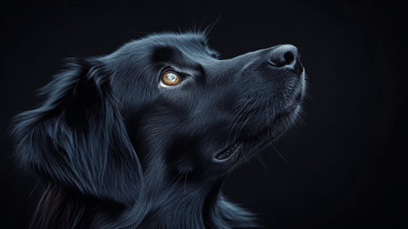 A striking black dog with expressive eyes looks upward. The soft lighting highlights its features against a dark backdrop, creating a serene and contemplative atmosphere.の素材