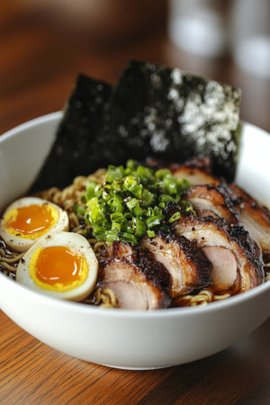 A savory bowl filled with ramen noodles, garnished with tender grilled chicken slices, a soft-boiled egg, and vibrant green onions, complemented by crispy seaweed, ready to be enjoyed.の素材