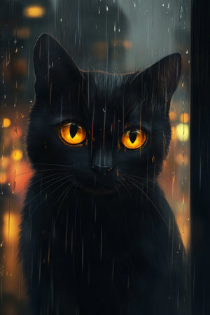 In a tranquil garden at dusk, a black cat with bright yellow eyes watches intently as raindrops fall around it, surrounded by lush greenery and a soft, mysterious atmosphere.の素材