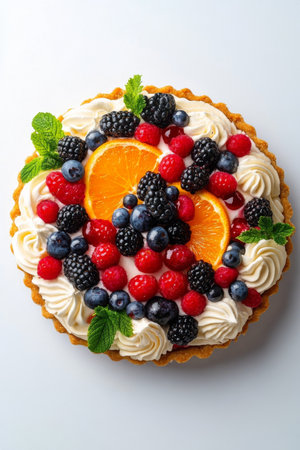 A colorful fruit tart features a creamy filling adorned with raspberries, blueberries, blackberries, and orange slices, all presented on a clean, bright surface, making it visually appealing.の素材