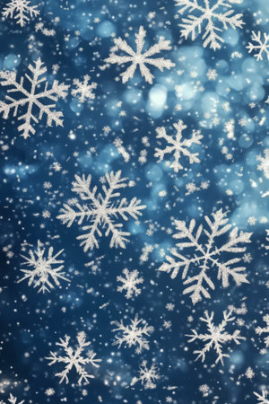 Delicate snowflakes cascade down from a bright blue sky, creating a serene winter atmosphere during the afternoon. The scene evokes feelings of tranquility and beauty.の素材