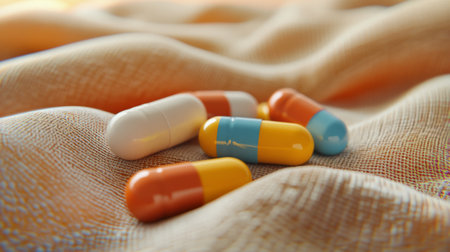 Numerous vibrant capsules in orange, white, and blue rest on a gently flowing fabric, creating a striking visual display, emphasizing the contrast of colors against the soft backdrop.の素材