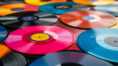 A vibrant assortment of vinyl records lies scattered on a flat surface, showing a variety of colors and labels. The arrangement highlights the beauty of classic music collectibles.の素材