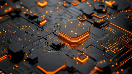 A detailed view of a circuit board featuring hexagonal shapes and vibrant orange lighting creates a modern, tech-inspired atmosphere, emphasizing the complexity of electronic components.の素材