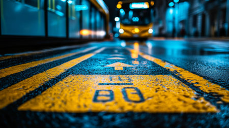 A clear view of a bright yellow pedestrian crossing dominates the foreground of an empty urban street. Early morning light casts a soft glow on the asphalt, creating a tranquil atmosphere.の素材