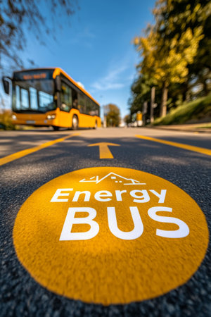 A bus approaches the bright yellow energy bus lane markings on the road under clear blue skies. The scene captures a busy city atmosphere during the afternoon.の素材