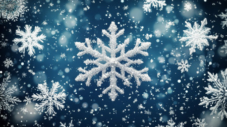 Soft snowflakes drift gently through the air, creating a serene winter atmosphere against a deep blue backdrop. The delicate patterns add to the peacefulness of the evening.の素材