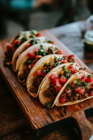 A tempting display of beef tacos arranged neatly on a wooden board, topped with fresh salsa, onions, and cilantro, highlighting the vibrant colors and textures of the dish.の素材