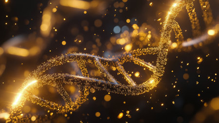 A luminous representation of DNA is depicted, swirling gracefully in a rich golden hue, surrounded by a backdrop of sparkling particles, creating a captivating, scientific visual experience.の素材