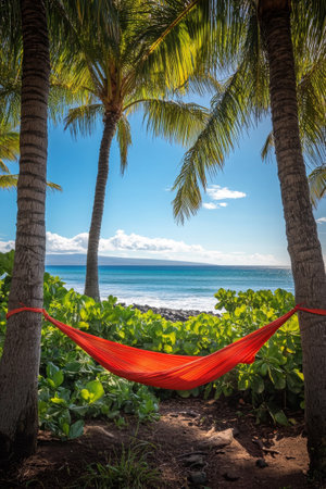 A vibrant red hammock is suspended between two palm trees, overlooking a serene beach and calm blue waters. Its a perfect spot for relaxation under the warm sun.の素材