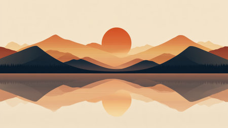 A serene landscape showcases stylized mountains silhouetted against a vibrant sunset, reflecting quiety on still waters, creating a harmonious blend of colors and shapes.の素材