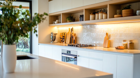A contemporary kitchen features sleek cabinetry, warm lighting under shelves, and decorative plantsの素材