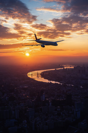 An airplane soars through the sky during dusk, silhouetted against a stunning sunset. Below, a winding river and cityscape are bathed in warm colors as day transitions to night.の素材