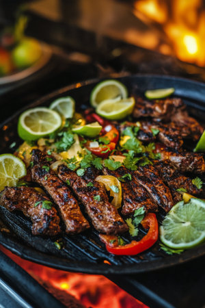 Tender beef is sizzling on the grill, accompanied by vibrant bell peppers and fresh lime slices, creating an appetizing display at an outdoor barbecue gathering.の素材