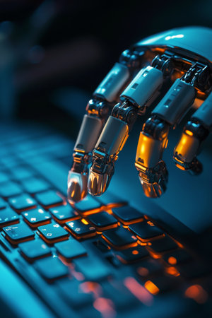 A robotic hand hovers over a keyboard, illuminated by soft orange lights in a dark setting, suggesting interaction with technology in a modern context.の素材