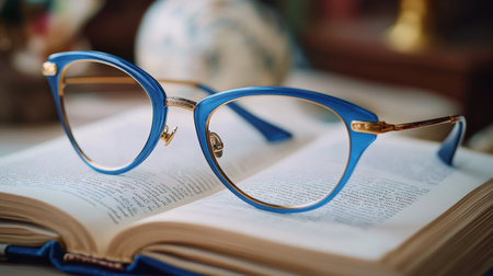 A pair of glasses is placed on an open book, highlighting the text inside, as soft daylight filters through rows of bookshelves in a quiet library.の素材