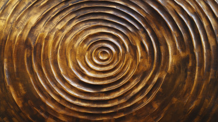 A close-up view of concentric wooden rings showcases a smooth, textured pattern. The wood reflects gentle natural light, highlighting its depth and intricate design, creating a calming aesthetic.の素材