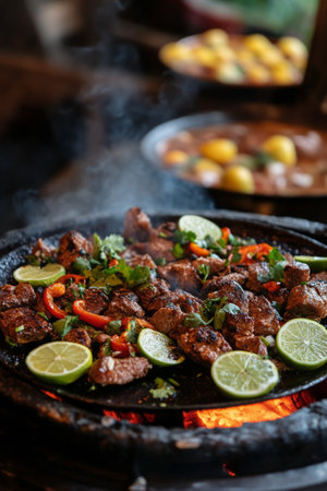 Tender beef is sizzling on the grill, accompanied by vibrant bell peppers and fresh lime slices, creating an appetizing display at an outdoor barbecue gathering.の素材