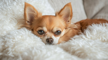 A small, fluffy Chihuahua is comfortably resting on a plush, white fur surface, eyes relaxing and ears perked up, enjoying a calm moment indoors, surrounded by warmth and softness.の素材