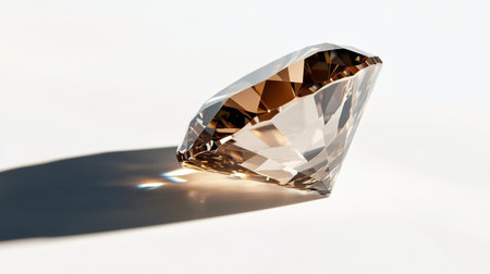 A beautifully cut brown diamond is displayed on a white surface, showing its sparkling facets and clear brilliance. The gemstone casts a soft shadow, highlighting its unique shape.の素材