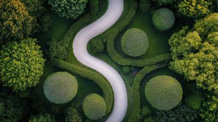 The vibrant garden showcases intricate hedge designs, diverse greenery, and winding paths, creating a serene and visually appealing landscape that invites exploration and tranquility.の素材