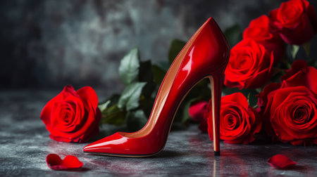 A pair of stunning red high heels is positioned next to vibrant red roses on a polished wooden floor, creating a romantic and stylish atmosphere.の素材