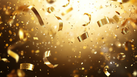 Golden confetti and streamers cascade dramatically against a vibrant, glowing backdrop, creating a joyous and festive atmosphere. The scene captures the essence of celebration and excitement.の素材