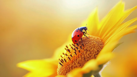 A ladybug crawls over the center of a bright sunflower, enjoying the warm sunlight in a lush garden, creating a tranquil moment that showcases nature's beauty and harmony.の素材