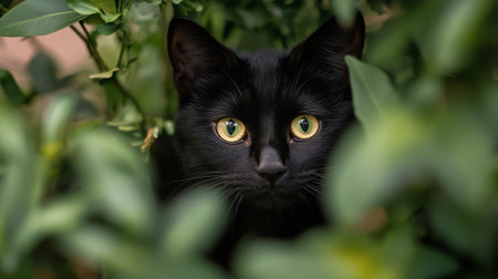 The black cat with striking yellow eyes sits among lush greenery, intently watching its surroundings. Sunlight filters through the leaves, creating a serene atmosphere in the garden.の素材