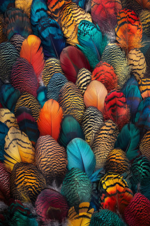 A close-up view of an array of colorful feathers showing rich patterns and textures illuminated by soft natural light, creating a stunning visual display of nature's beauty.の素材