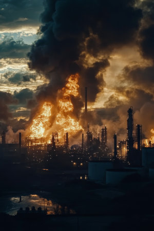 A significant fire blazes at an industrial facility, illuminating the darkening sky with orange flames. Thick smoke rises from the complex as night falls, creating a dramatic scene.の素材