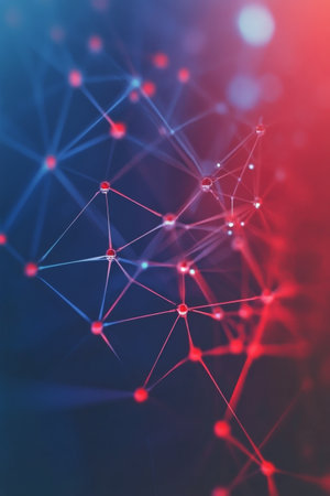 A vibrant visual of interconnected nodes and lines illuminated by red and blue lights creates an abstract digital network. The dark backdrop enhances the glowing connections, symbolizing data flow.の素材