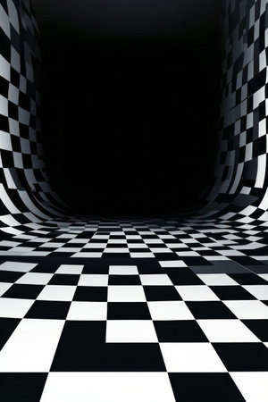 The checkerboard floor extends toward the horizon, illuminated by a bright light above while the surrounding area remains dark, enhancing the striking visual contrast and depth.の素材