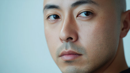 This close-up view captures a thoughtful man with a smooth, bald head, his expression serene yet introspective, set against a gentle, softly lit background that enhances his features.の素材
