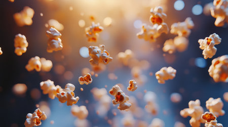 Popcorn kernels hover in mid-air, illuminated by soft light, creating a lively and energetic atmosphere for a movie night or celebration with friends and family.の素材