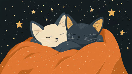 Two kittens, one black and one white, peacefully nap together in a fluffy orange blanket. The night sky is dotted with colorful stars, creating a serene atmosphere.の素材