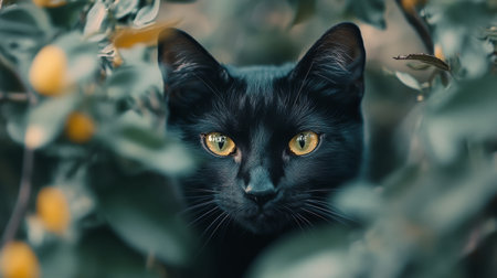 The black cat with striking yellow eyes sits among lush greenery, intently watching its surroundings. Sunlight filters through the leaves, creating a serene atmosphere in the garden.の素材