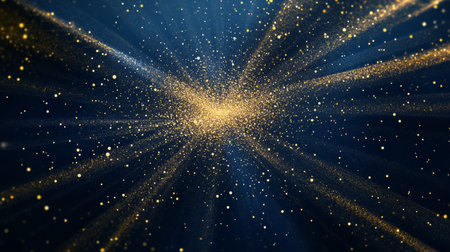 Golden particles illuminated by radiant light scatter across a dark background, creating a magical atmosphere perfect for celebrations or special occasions.の素材
