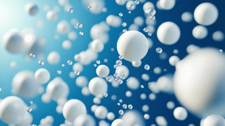 A collection of white spheres hovers effortlessly against a calm blue backdrop, creating a tranquil and modern atmosphere. The arrangement emphasizes simplicity and elegance.の素材