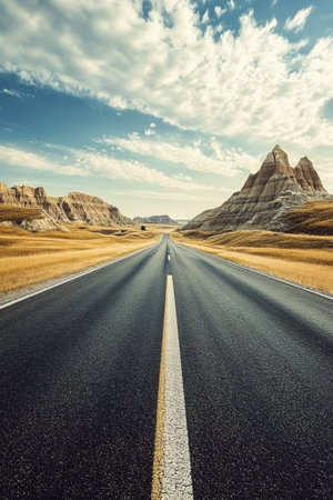 This serene landscape features a winding road leading through expansive golden grass fields. Majestic rock formations rise in the background, bathed in the soft glow of the setting sun.の素材