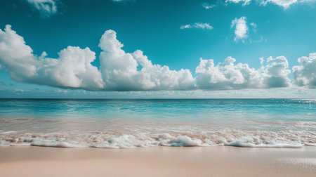 A tranquil tropical beach showcases soft waves lapping at the shore, under a radiant sky filled with fluffy clouds. The scene captures the essence of a peaceful coastal retreat.の素材