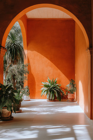 This peaceful interior features bright orange walls accented by natural light. Lush greenery in pots adds freshness, creating a calm and inviting atmosphere perfect for relaxation.の素材
