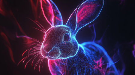 A vibrant rabbit appears illuminated with neon colors, showcasing bright blues and pinks. It sits against a dark backdrop, enhancing its glowing fur and giving a mystical nighttime feel.の素材