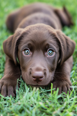 A cute, golden-brown puppy lies on the grass with its head resting on the ground, looking curiously at the camera. The bright outdoor light highlights its big, expressive eyes.の素材