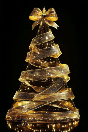 A beautifully designed Christmas tree made of gold ribbons and lights stands out against a dark background, showing festive cheer and seasonal elegance for holiday celebrations.の素材