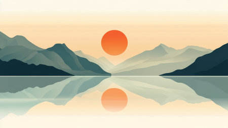 A serene landscape showcases stylized mountains silhouetted against a vibrant sunset, reflecting quiety on still waters, creating a harmonious blend of colors and shapes.の素材