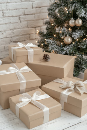 Colorful packages adorned with ribbons are stacked near a beautifully decorated Christmas tree, capturing the holiday spirit. Soft lights twinkle in the background, creating a warm atmosphere.の素材