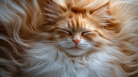 A ginger cat lies peacefully asleep, surrounded by its own thick, fluffy fur. The warm sunlight highlights its relaxed expression, creating a serene atmosphere.の素材