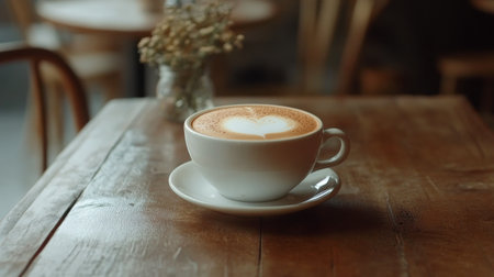 A delicate glass cup filled with steaming coffee sits on a decorative saucer. The cozy cafe features atmosphere furnished wooden wings and an antique clock in the background.の素材