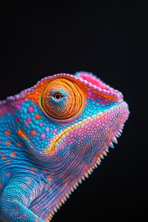 A vibrant chameleon displays its striking colors, with detailed scales and prominent features illuminated against a black backdrop, showing its natural beauty and unique appearance.の素材